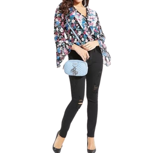 Guess Wrap Style Boho Floral Blouse Top Statement Sleeves Spring Summer Sheer - Picture 2 of 13